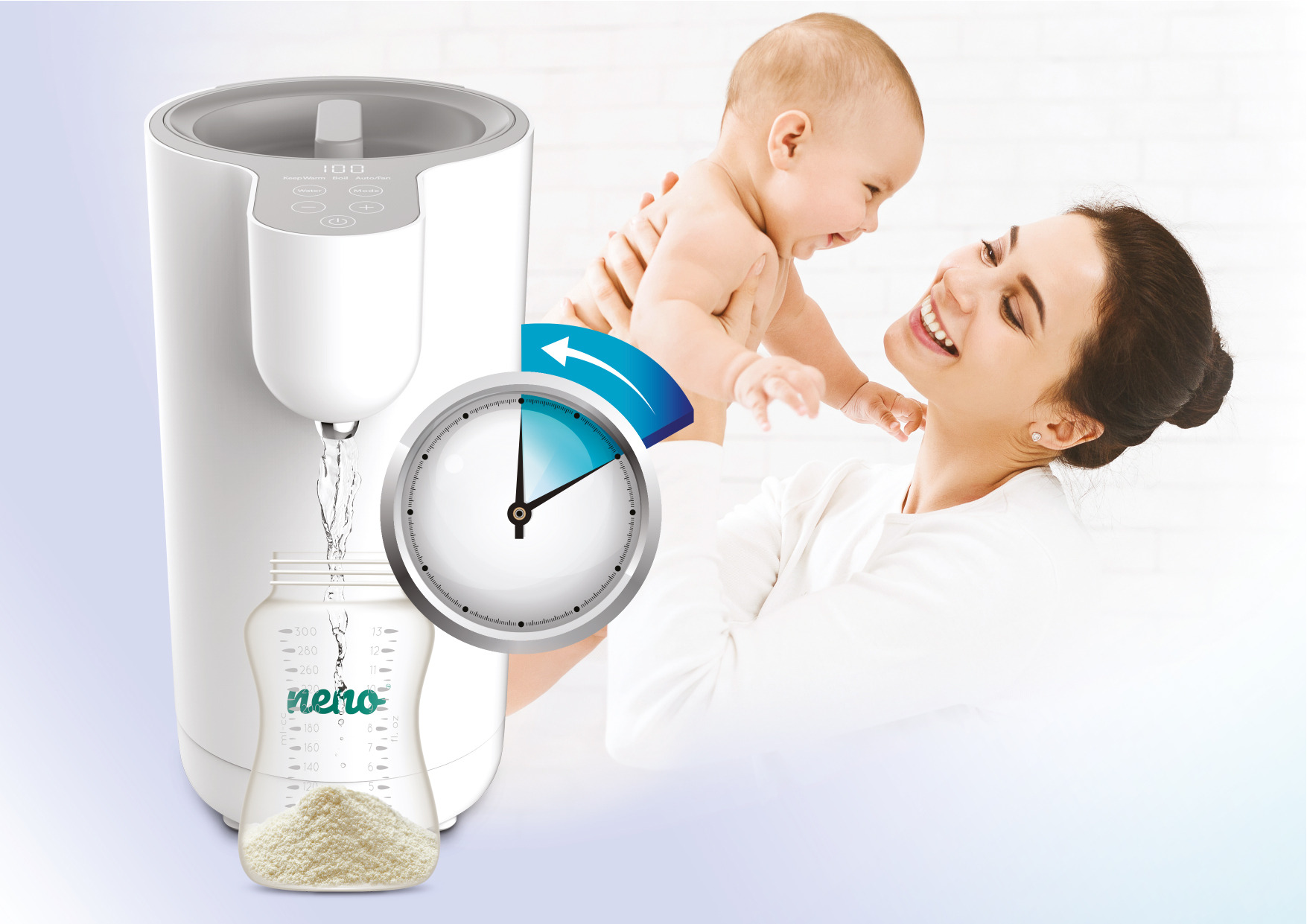 Жінка доглядає за немовлям і Neno Aqua