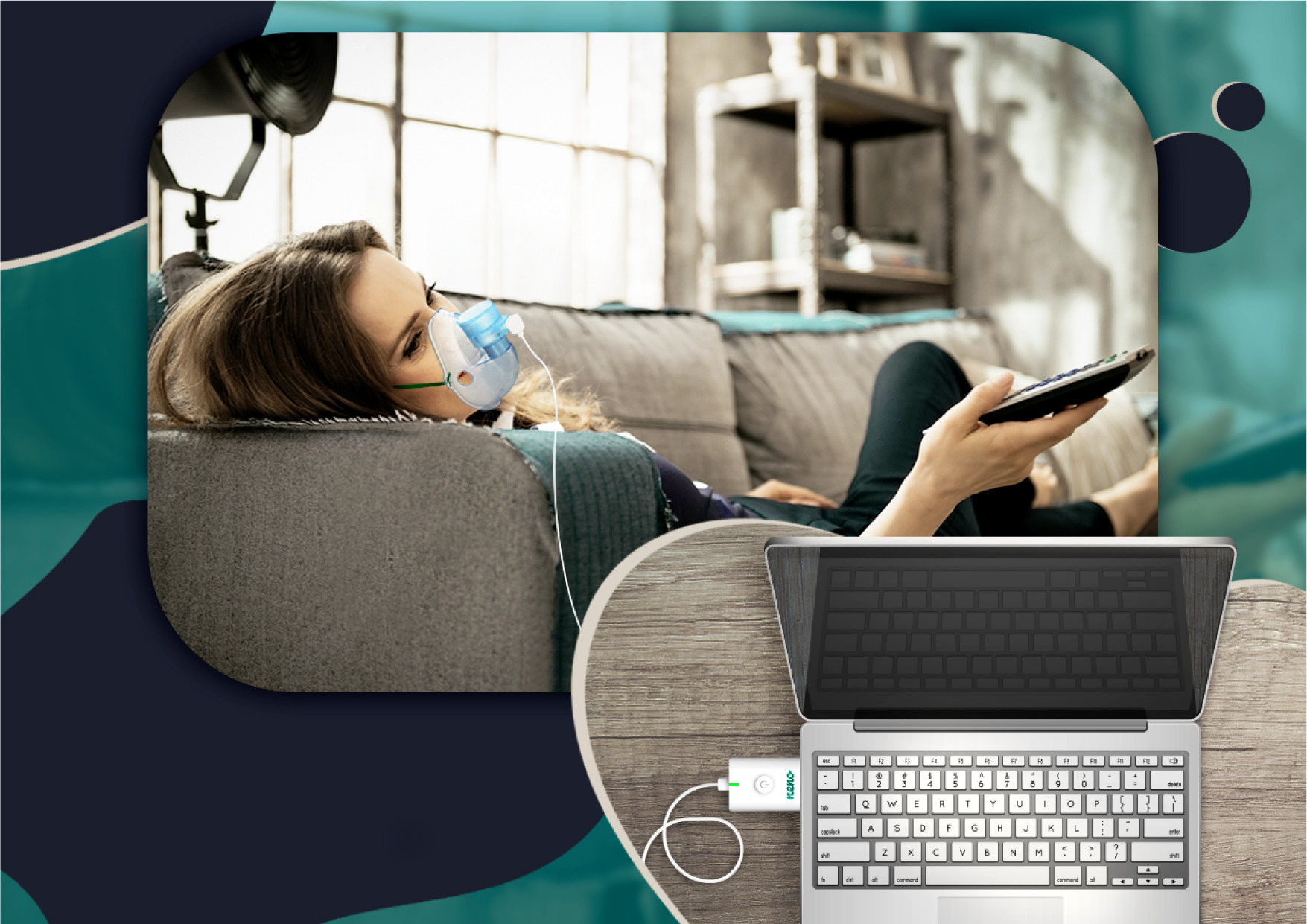 Жінка спить на ліжку і робить інгаляцію небулайзером