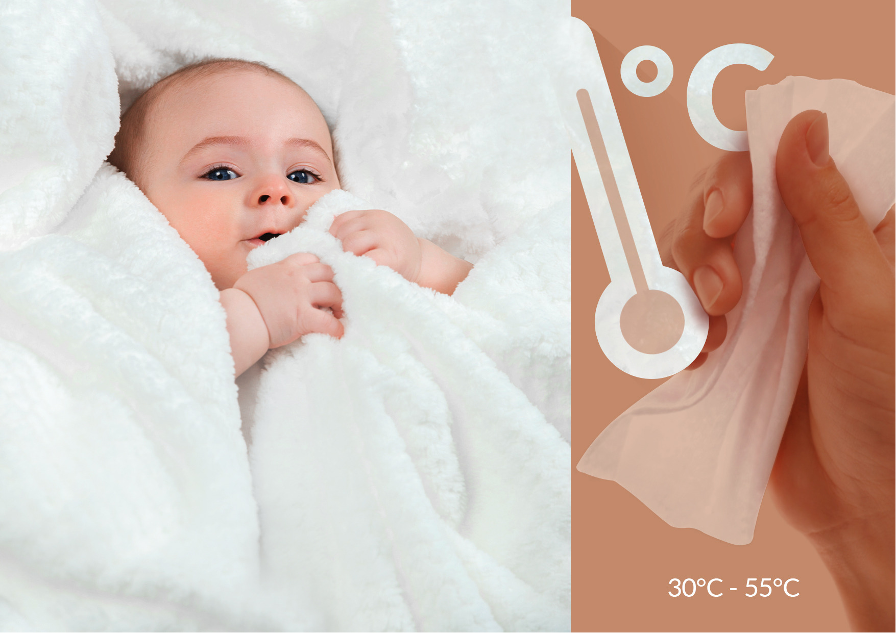 дитина вкрита білою ковдрою, поруч у руці тримають вологу серветку