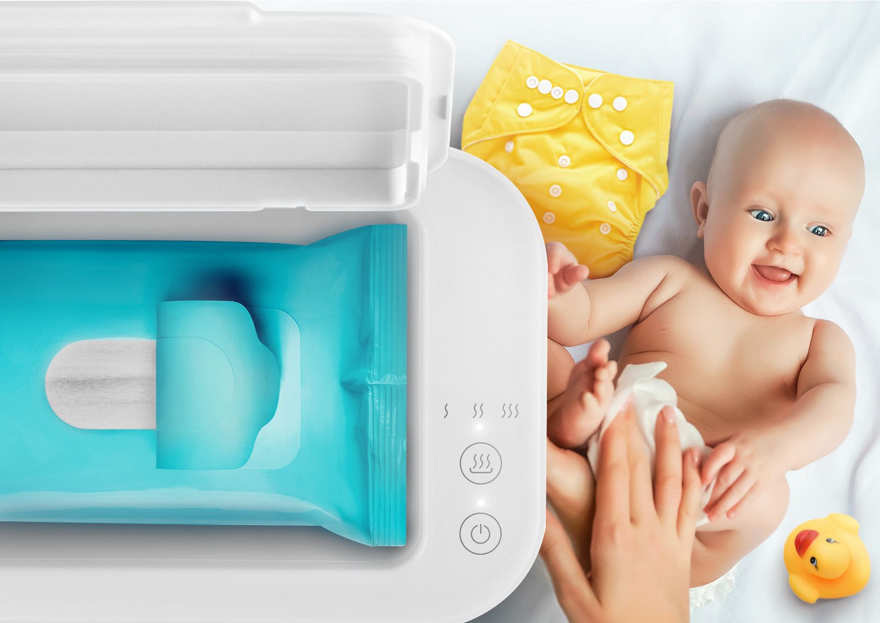 Neno Calor - грілка для вологих серветок біля лежачої дитини з підгузником і пластиковим каченям