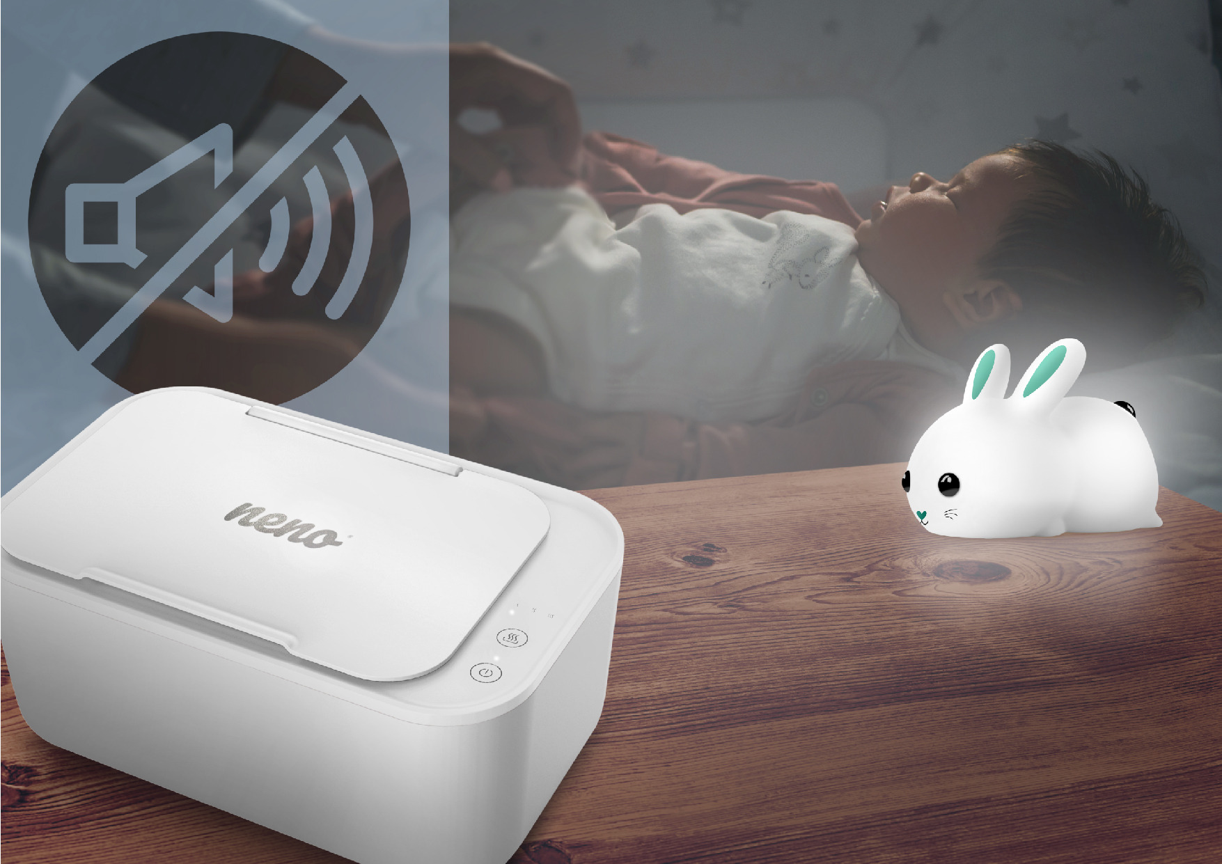 спляче немовля на задньому плані та світильник Нено Тітто, що світиться