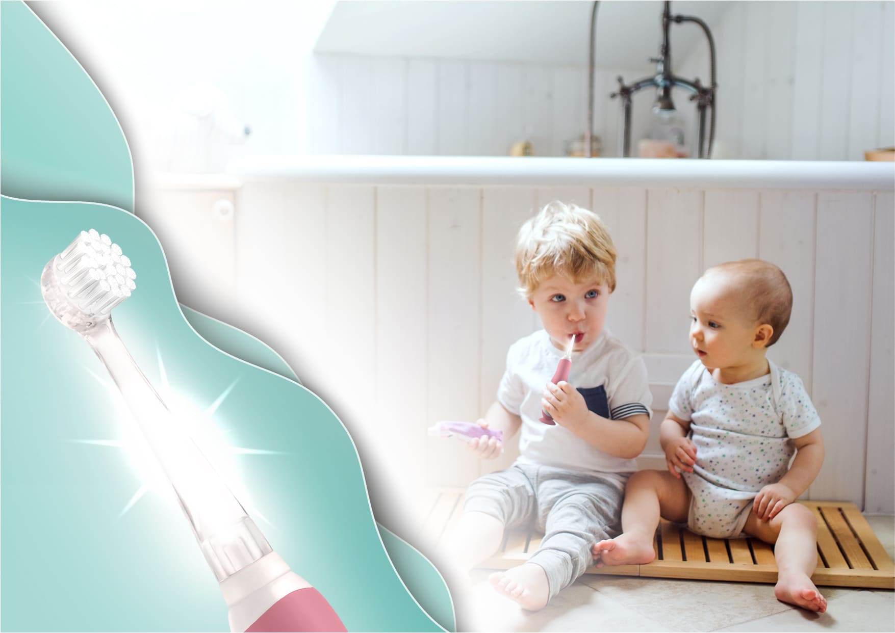 діти сидять у ванній кімнаті і чистять зуби зубною щіткою Neno Denti