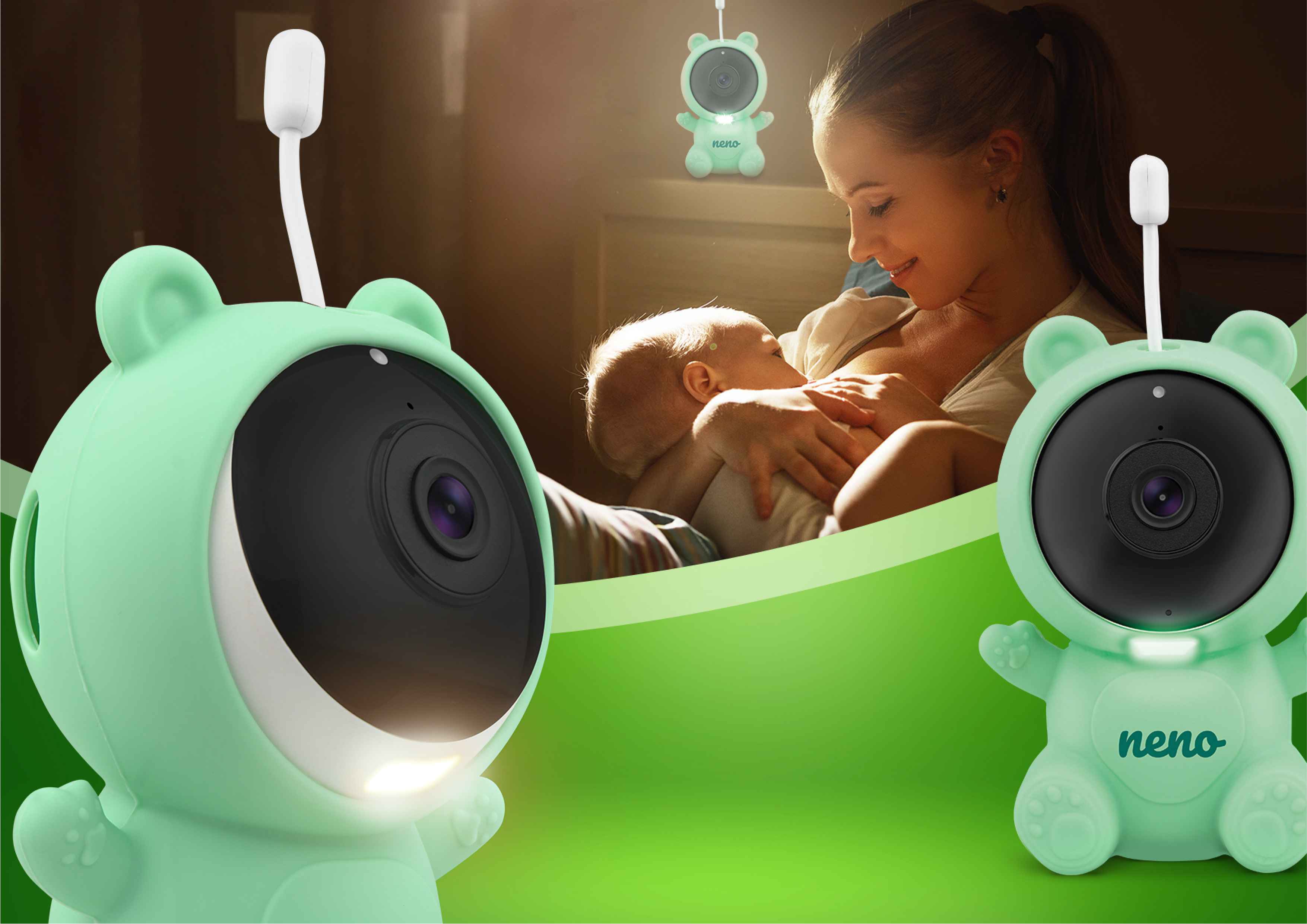 жінка обіймає дитину і камера на задньому плані