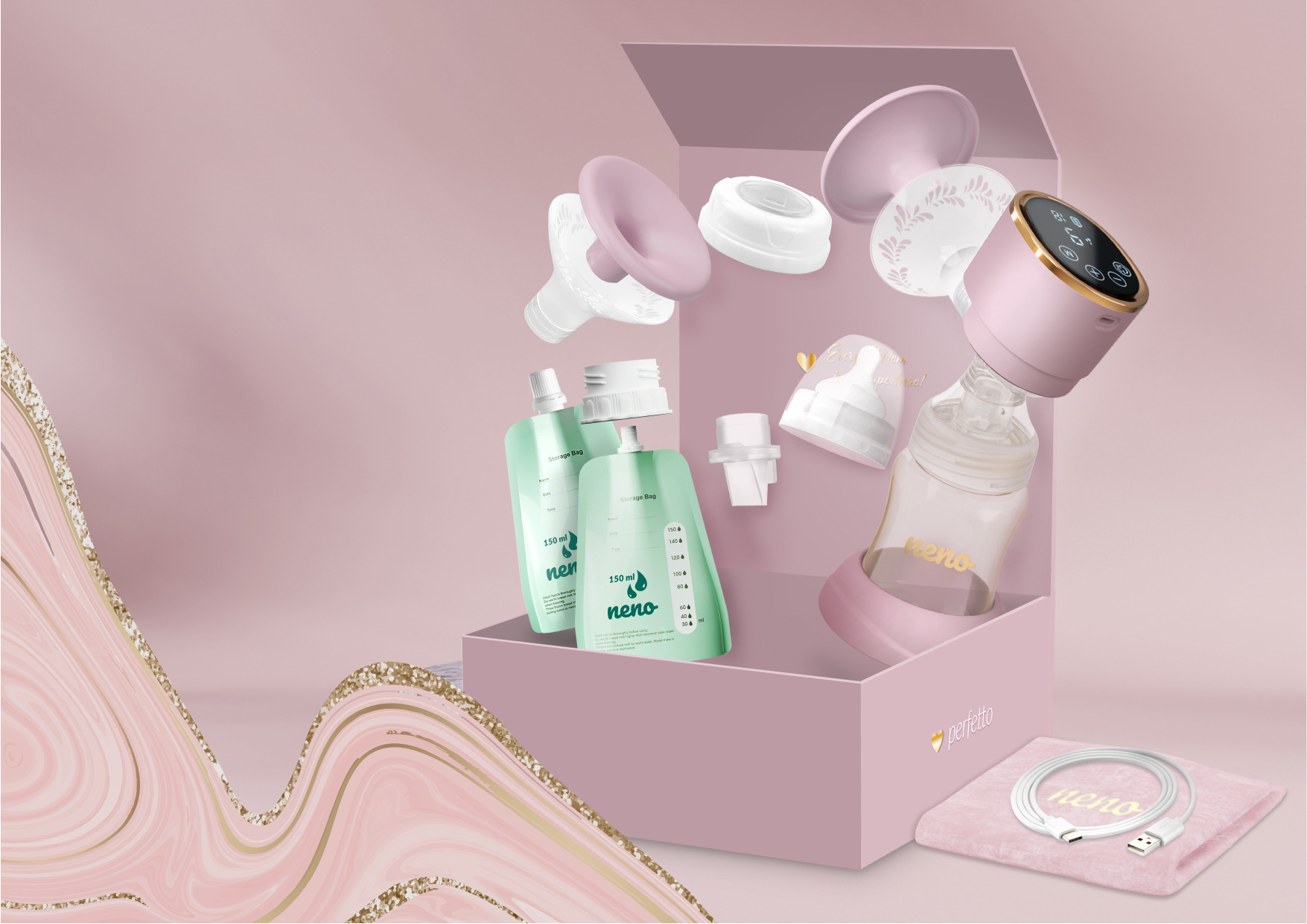 Zestaw Neno Perfetto - laktator z butelką z podstawką, smoczkiem i korkiem, aksamitny woreczek do przechowywania, lejki w dwóch rozmiarach: SLIM 21 mm i MEDIUM 24 mm oraz dwa wygodne pojemniki na pokarm